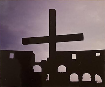 ©S.L.Reay Colusseam in Rome with wood 2x4 crosse triwlight sky and building and cross in black shadow